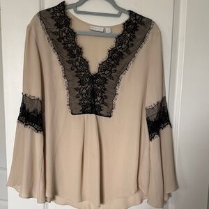 New York & Company Beige Top with Black Lace